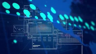 Soyut mavi arkaplan üzerinde sayılarla dijital veri ve grafikler animasyonu. Analizler, teknoloji, veri görselleştirme, fütüristik, bilgi, ağ
