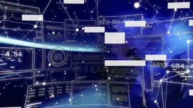 Soyut mavi arkaplanda dijital arayüz işlem numaralarını gösteren animasyon. Teknoloji, veri, fütüristik