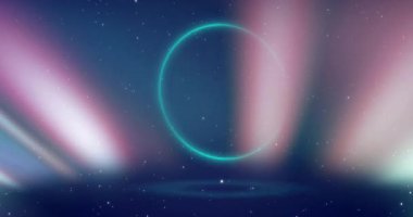 Yıldızlı gece arkaplanı üzerinde parıldayan çizgileri olan neon spiral animasyon. Işıklar, soyut, fütürist, kozmik, dijital, teknoloji