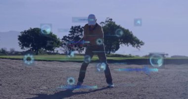 Dijital veri ve teknoloji animasyon örtülü golf sopası. veri analizi, izleme, yenilik, sanal gerçeklik, spor teknolojisi, atlet