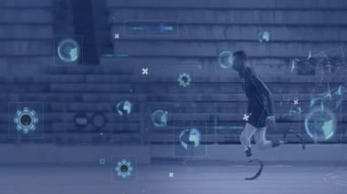 Dijital veriler ve küresel ağ animasyon örtüsüyle pistte koşan bir atlet. Spor, teknoloji, analitik, bağlantı, yenilik, fitness