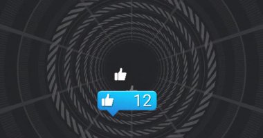 Geometrik tünel deseninde dönen başparmak kaldırma simgeleri ve uyarıların canlandırılması. Sosyal medya, dijital, çevrimiçi, etkileşim, katılım