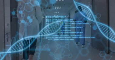 Hastane koridorunda DNA iplikçikleri eşliğinde yürüyen sağlık görevlileri. biyoteknoloji, genetik, yenilik, teknoloji, tıbbi, araştırma