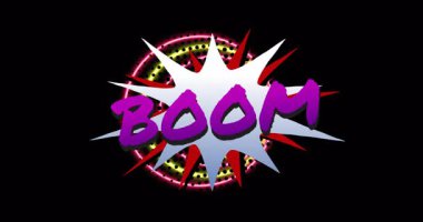 BOOM metni ve siyah arkaplanda neon daire ile renkli patlamanın canlandırması. Patlama, canlı, dinamik, dijital, grafik, soyut