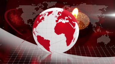 Dijital dünya haritası arka planında dönen kırmızı ve beyaz kürenin animasyonu. Küreselleşme, teknoloji, ağ, dünya, soyut, döndürme