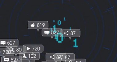 İkili kod animasyonunu kapsayan dijital uyarılar ve sosyal medya simgeleri. Teknoloji, multimedya, iletişim, siber alan, ağ, veri