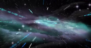 Uzayda dinamik ışık çizgileri ve yıldızlarla kozmik patlamanın animasyonu. Süpernova, yıldızlar arası, nebula, galaksi, astrofizik, göksel