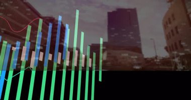 Şehir manzarasında yüksek binalarla çizgi ve çizgi animasyonları gösteriyor. Veri görselleştirme, analitik, fütüristik, finansal, kentsel, teknoloji