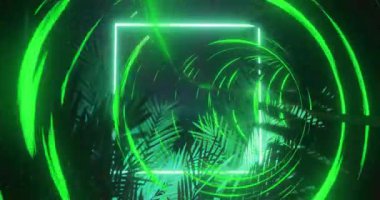 Fütürist titreşim yaratıyor, palmiye yapraklarıyla neon yeşil geometrik şekiller yaratıyor. siber punk, soyut, dijital, tropikal