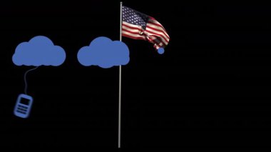 Animasyon tarzında cihazlara bağlanan bulut simgelerine sahip Amerikan bayrağı arka planı. Teknoloji, bağlantı, bulut hesaplama, ağ, mobil, dijital