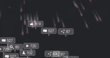 Dijital uzayda yüzen ikili kod ve sosyal medya bildirimlerinin animasyonu. Teknoloji, veri, kodlama, ağ, bilgi, iletişim