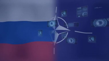 Dijital ekranlardaki NATO amblemi ve Rus bayrağı jeopolitik gerilimi sembolize ediyor. Jeopolitik, çatışma, diplomasi, güvenlik, uluslararası ilişkiler, ittifak