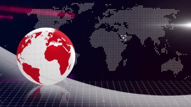 Dijital dünya haritası ve arkaplanda renkli çizgiler olan dönen dünyanın animasyonu. Küresel, teknoloji, ağ, iletişim, dünya, yenilik