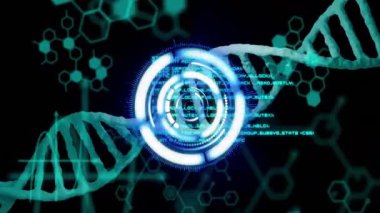 Fütürist ortamda DNA iplikçikli dijital arayüz işleme verileri. Teknoloji, biyoteknoloji, genetik, yenilik, bilim, veri analizi