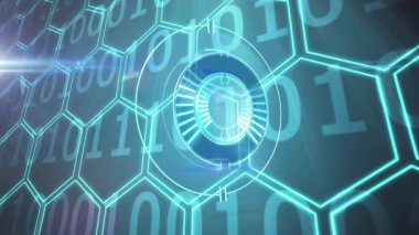 İkili kod üzerinde dijital saat animasyonu ve altıgen ağ deseni. Teknoloji, veri, bilgi, fütüristik, siber uzay, soyut
