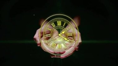 Roma rakamlarıyla saati tutuyor, yeşil yaprakları ve parlayan ışığı uzatıyordu. Zaman, doğa, fantezi, sembolizm, bağbozumu, dinginlik