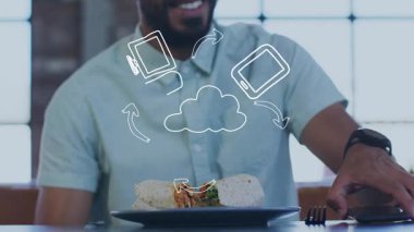 Burrito 'nun fotoğrafını çekmek, dijital bulut simgeleriyle animasyon yapmak. Teknoloji, yenilik, yaratıcılık, yemek, gurme, illüstrasyon