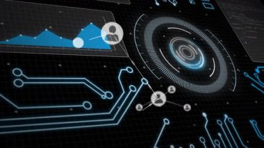 Kullanıcı simgeleri ve veri grafikleriyle dijital ağın animasyonu. Teknoloji, bağlantı, iletişim, analitik, ağ, yapay zeka
