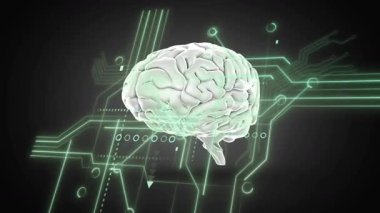 Dijital devresi ve ikili kod animasyonu olan insan beyni çizimi. Yapay zeka, teknoloji, yenilik, fütürist, nöral ağ, programlama