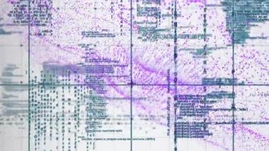 Karmaşık şablon, mor veri noktaları ve şebeke animasyonuna yayılmış metinler oluşturuluyor. Soyut, dijital, teknoloji, fütürist, geometrik, matris