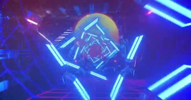 Mavi ve pembe geometrik desenli parlayan neon tüneli animasyon etkisi yaratıyor. Soyut, fütüristik, dijital, canlı