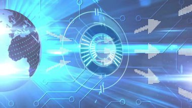 Arka planda dijital küre ve geleceksel arayüzle veri işleme animasyonu. Teknoloji, yenilik, siber alan, ağ, sanal, küresel