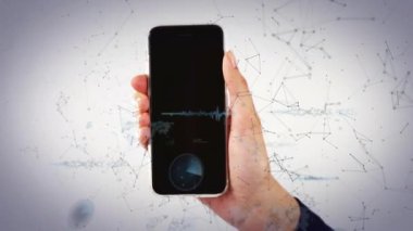 Dijital ağ ve ses dalgası animasyonu ile el ele tutuşan akıllı telefon. Teknoloji, iletişim, bağlantı, yenilik, arayüz, ağ
