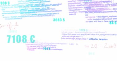Matematiksel denklemlerin animasyonu ve dijital ekranda üst üste binen programlama kodu. Teknoloji, kodlama, algoritmalar, matematik, fütüristik, bilim
