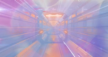 Parlak ışıklar ve canlı renkler fütüristik koridorda bilim kurgu animasyonu yaratıyor. neon, teknoloji, dijital, fantezi, yenilik