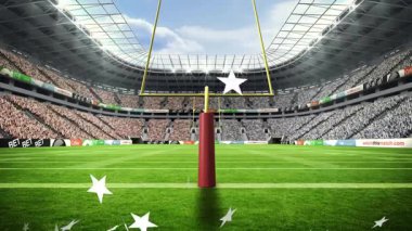 Kale direkleri ve kalabalığı olan futbol stadyumu, yeşil sahada yıldız animasyonu. Futbol, spor salonu, taraftarlar, yarışma, atletizm, tezahürat