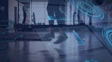 Beden eğitiminde dijital veri ile ip atlayan kişi animasyonu kaplar. Fitness, egzersiz, teknoloji, egzersiz, atlet, antrenman