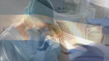 Arjantin bayrağı animasyonu ile önlüklü sağlık çalışanı, tıbbi bağlılığı simgeliyor. hemşire, ulusal, Arjantin, vatansever, işgal, bağlılık