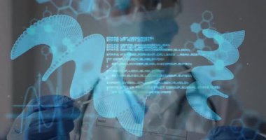 DNA iplikçikleri analiz ediliyor, laboratuarda tıbbi profesyonel veri işleme animasyonu yapılıyor. Genetik, biyoteknoloji, araştırma, bilim adamı, veri analizi, genom