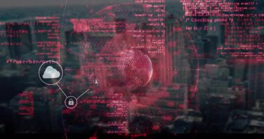 Şehir manzarası veri işleme üzerinde kırmızı kodlu dijital ağ simgelerinin animasyonu. Teknoloji, fütüristik, iletişim, siber güvenlik, yenilik