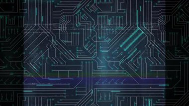 Koyu arkaplan animasyonunda çizgiler ve düğümlerle parlayan devre kartı deseni. Teknoloji, dijital, ağ, fütürist, elektronik, mühendislik