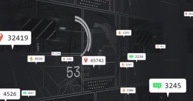 Konum işaretlerini ve sayısal veri noktalarını gösteren dijital haritanın animasyonu. Teknoloji, GPS, navigasyon, analitik, görselleştirme, ağ