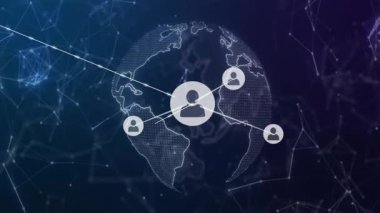 Dijital dünya haritası üzerinde bağlı kullanıcı simgelerinin canlandırılması. Ağ, bağlantı, küreselleşme, iletişim, teknoloji, internet