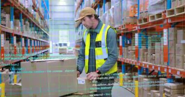 Paketlerle ilgilenmek, depo çalışanı dijital kod üzerinde yoğunlaşmak animasyon oluşturmak. Lojistik, nakliye, teknoloji, envanter, barkod, tarama