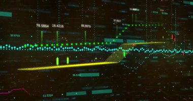 Grafikler ve numaralar dijital şebeke arka planındaki finansal veri canlandırmasını canlandırıyor. Maliye, analitik, ekonomi, istatistik, teknoloji, iş
