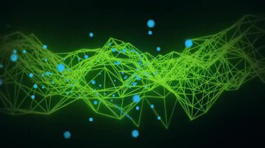 Yeşil geometrik ağlı dijital güvenlik kilidi ve mavi düğümler animasyonu. Siber güvenlik, şifreleme, koruma, teknoloji, veri, internet