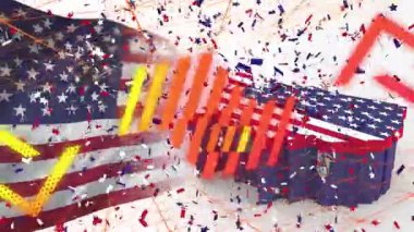 Amerikan bayrağı desenli turuncu küre animasyonu ve etrafta dönen konfeti. Kutlama, vatanseverlik, ABD, 3D yorumlama, bağımsızlık