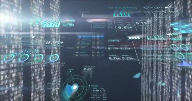 Fütürist parlayan şehir manzarasında yüzen dijital veri ve grafiklerin animasyonu. Teknoloji, yenilik, analitik, kentsel, dijital dönüşüm, bağlantı