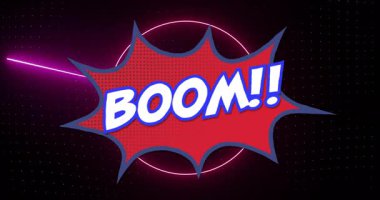 BOOM! Okuldaki renkli neon şekillerin ve noktaların üzerindeki yıldızlarla yapılan animasyon. Pop sanat, retro, soyut, enerjik, oyuncu, grafik tasarımı