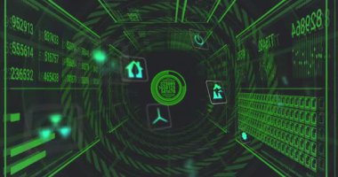 Veri ve grafikler gösteriliyor, gelecekteki yeşil dijital tünelin animasyonu. Teknoloji, sanal, yenilik, bilim