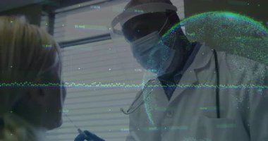 Laboratuvarda veri işleme animasyonu eşleşmesi ile sağlık hizmeti uzmanı şeflik testi. Laboratuvar, tanı, tıbbi teknoloji, veri analizi, yenilik, araştırma