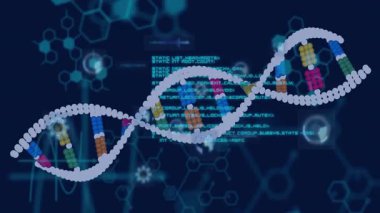 DNA dizisi ve ikili kodlama bilimsel verileri animasyon tarzında işliyor. Biyoteknoloji, genetik, dijital, geleceksel, yenilikçi, sanal