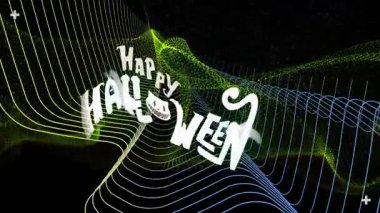 Renkli dalga desenleri üzerine kedi suratlı Cadılar Bayramı animasyonu, şenlikli tasarım. Kedi, hayalet, dekorasyon, dalgalı