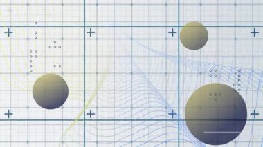 Dalgalı çizgiler ve matematik sembolleri gösteren, şebekede animasyon olan yüzen küreler. Soyut, dijital, fütüristik, geometri, hareket, bilim