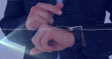 Saat kontrol ediliyor, dijital veri animasyonu olan iş adamı ofis ortamında. teknoloji, yenilik, analitik, yönetim, fütüristik, profesyonel