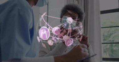 Hastanedeki dijital ağ animasyonunu kullanan hasta ve sağlık uzmanı asistanı. teknoloji, ağ oluşturma, yenilik, tıp